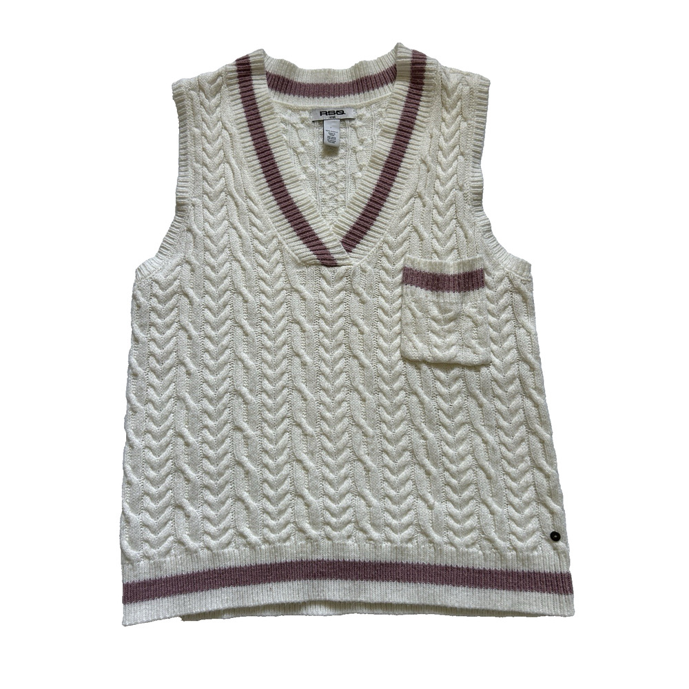 RSQ Sweater Vest S Cream Cable Knit V Neck Preppy Sleeveless- HL-00005